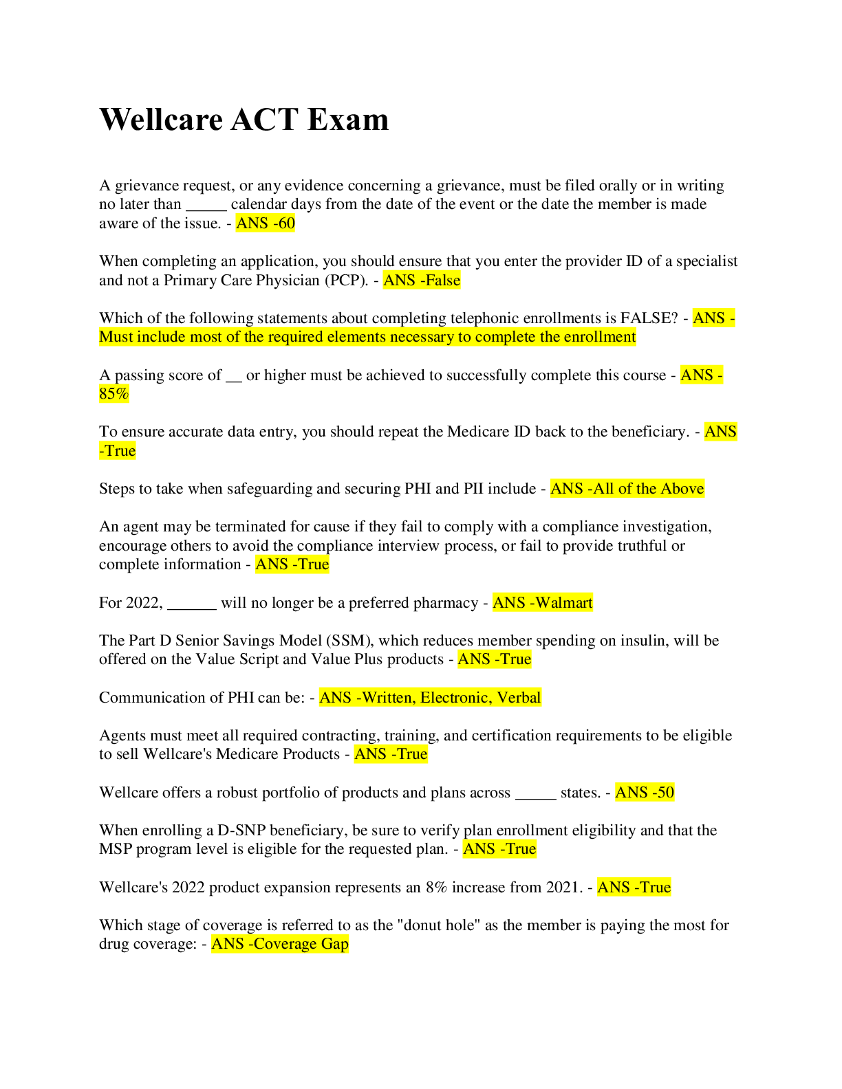 Preview image for Wellcare ACT / Exam / 100% Correct Answers